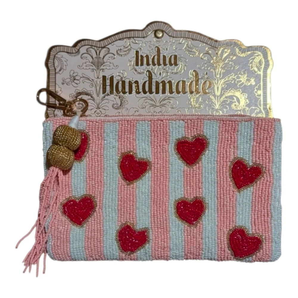💕▪️made In India ▪️Pink/white Striped Beaded Coin Pouch with Red Hearts